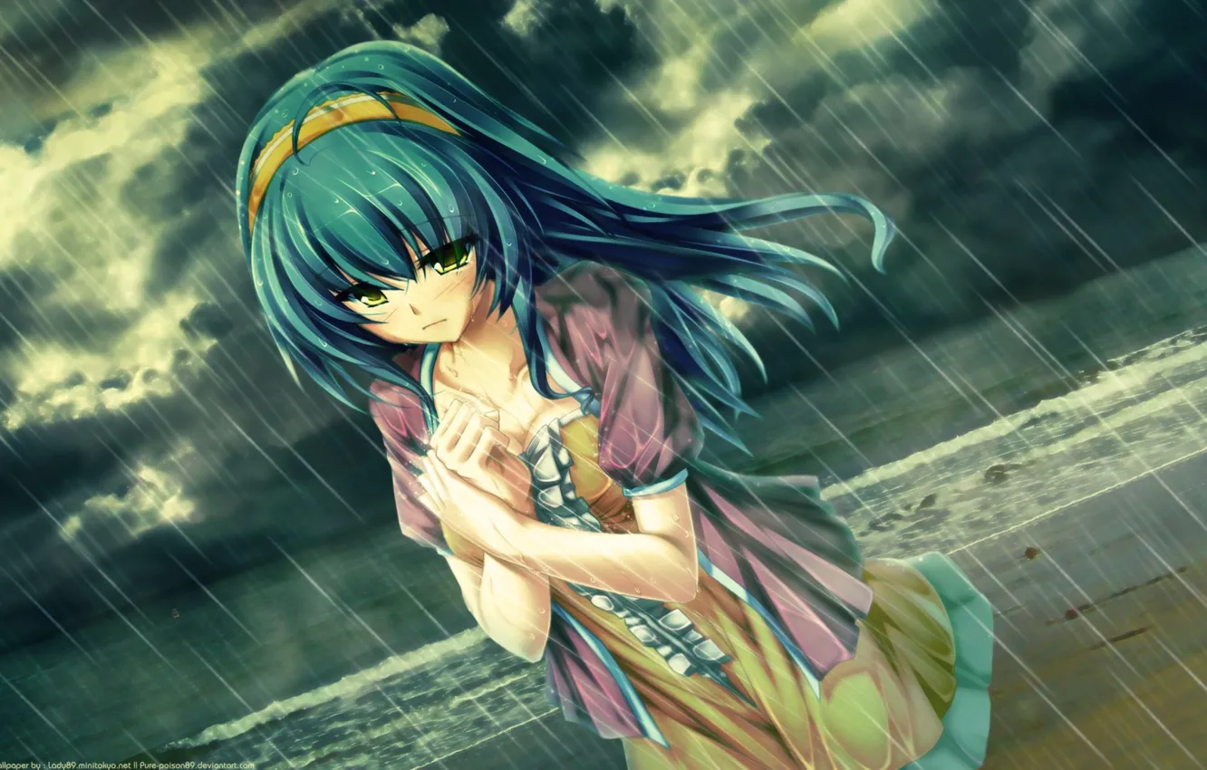 Photo wallpaper the sky, water, girl, rain