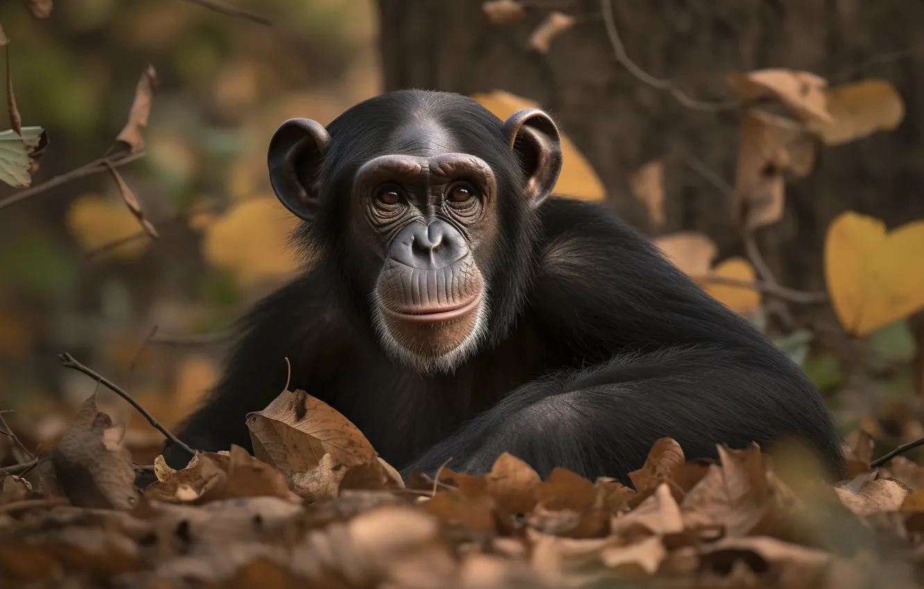 Photo wallpaper look, face, nature, pose, monkey, chimpanzees, AI art, neural network
