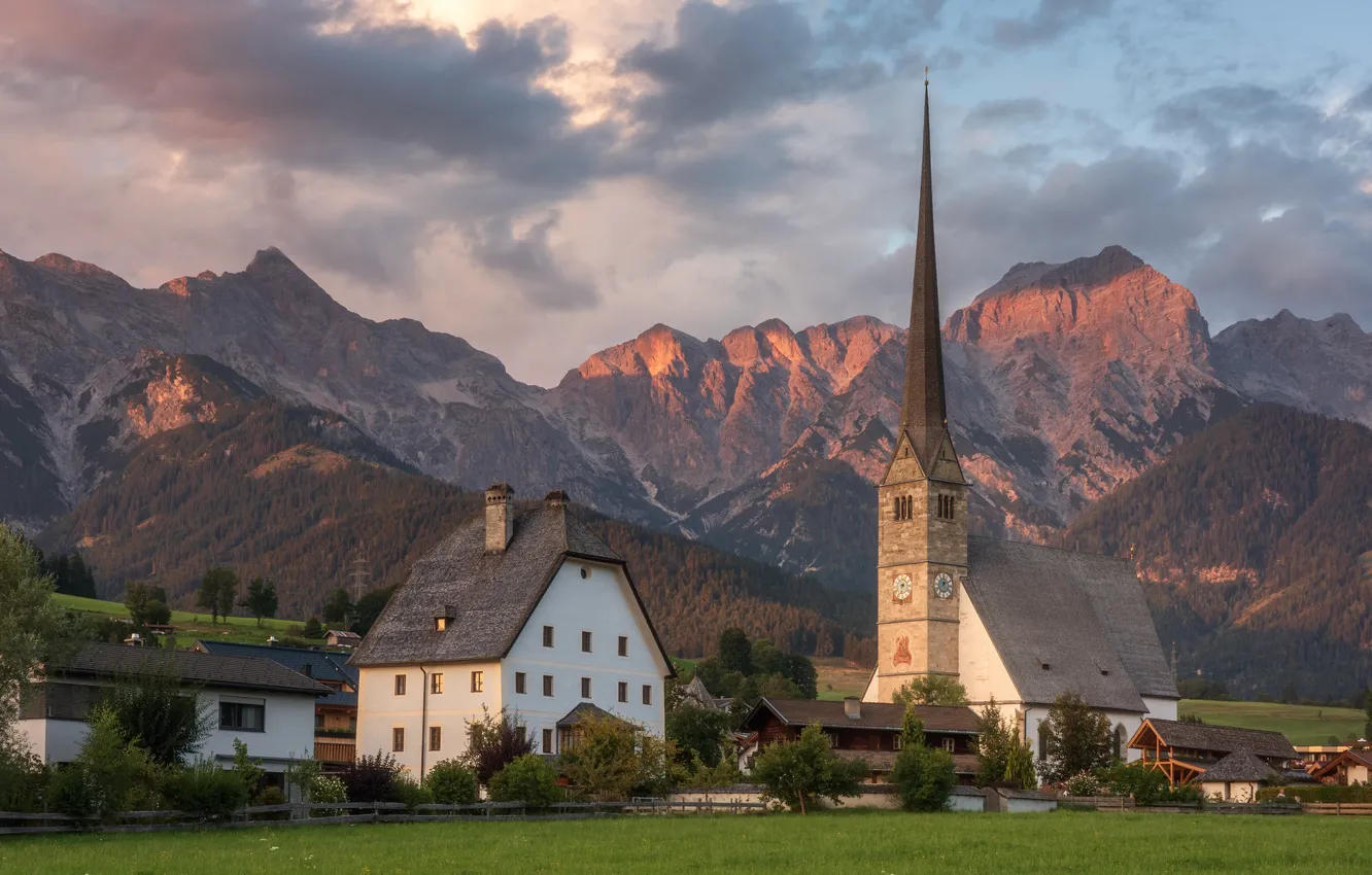 Photo wallpaper mountains, building, home, Austria, Alps, Church, Austria, Alps