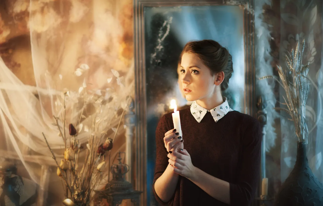 Photo wallpaper women, candles, mirror, Ksenia Kokoreva, Maxim Maximov, Warm Light