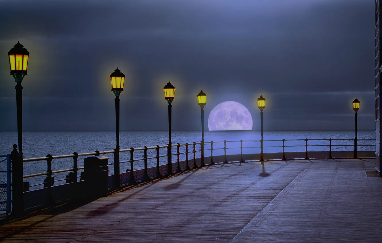 Photo wallpaper sea, night, the moon, lights