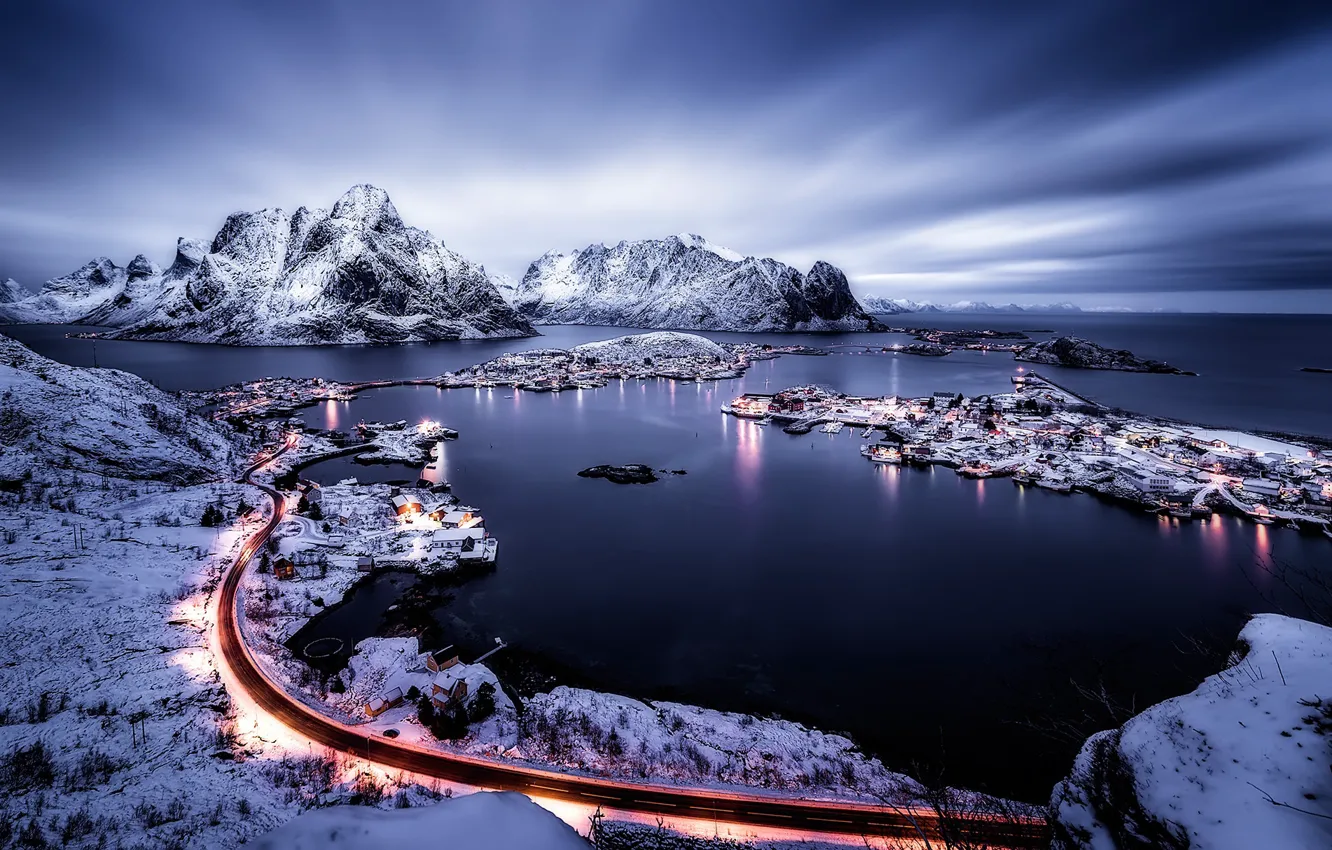 Photo wallpaper winter, the sky, light, mountains, clouds, town, settlement, the fjord