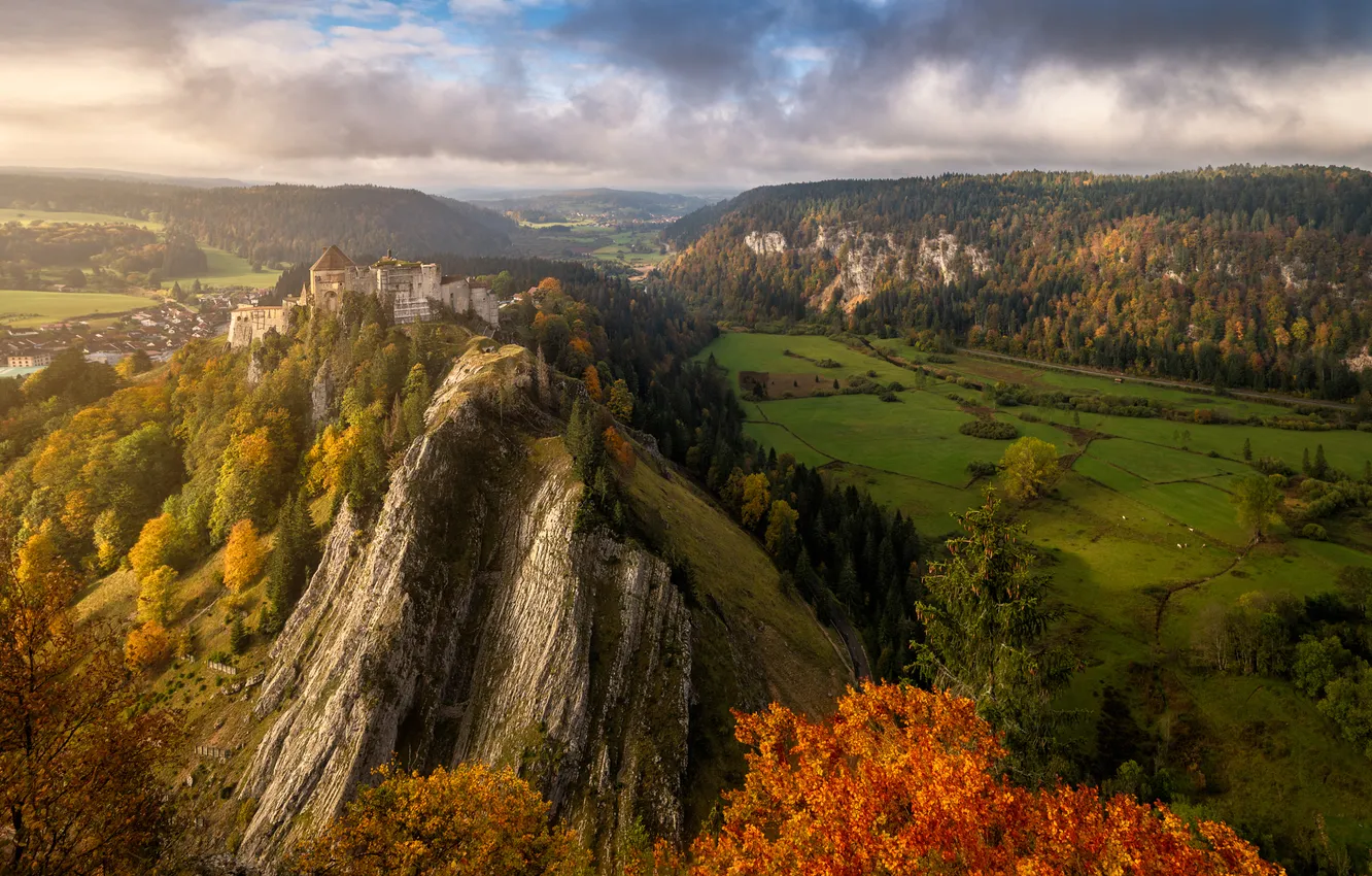 Photo wallpaper field, autumn, forest, the sky, clouds, light, trees, mountains