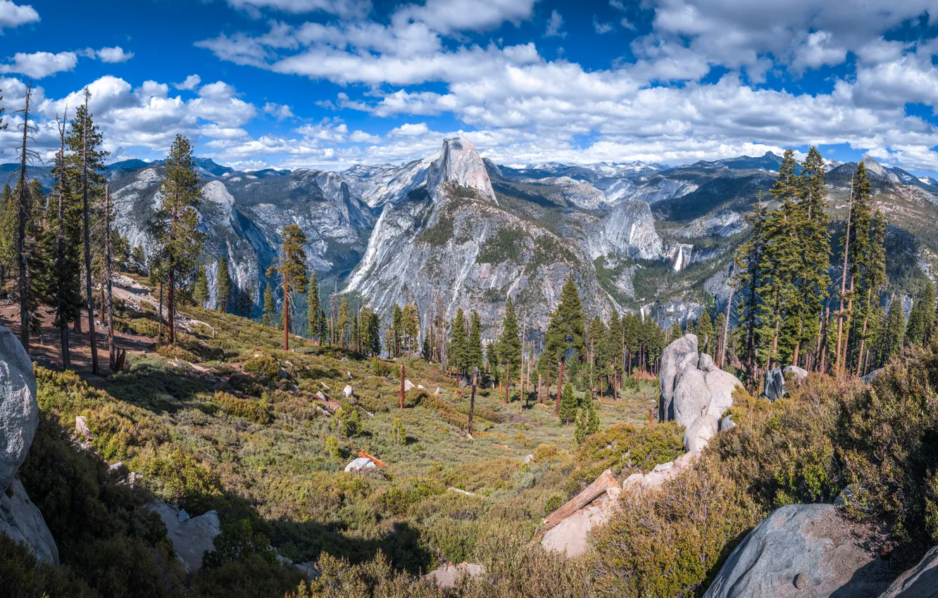 Photo wallpaper clouds, trees, mountains, rocks, USA, Yosemite