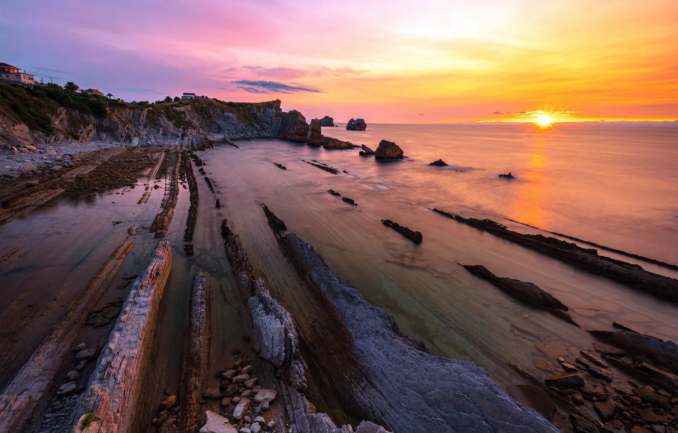 Photo wallpaper sunset, rocks, Spain, sunset, rocks, Spain, the river, River Bank