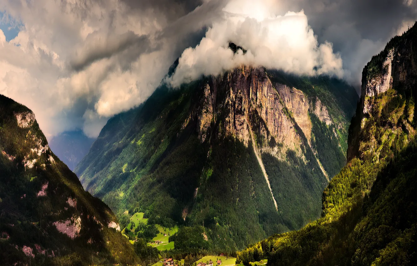 Photo wallpaper forest, mountains, clouds, view, home, Switzerland, valley, gorge
