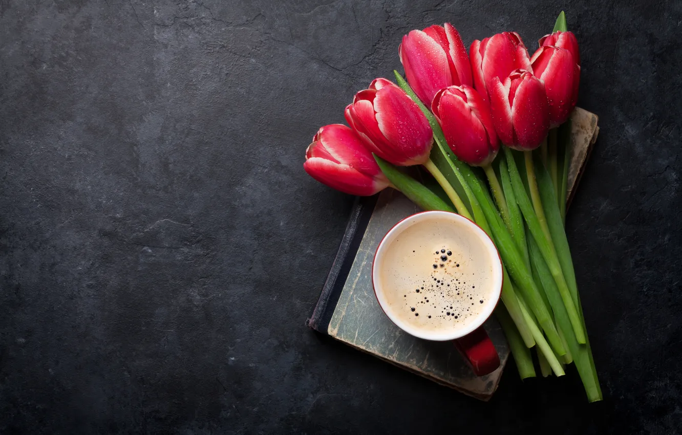 Photo wallpaper flowers, red, bouquet, tulips, red, wood, flowers, romantic