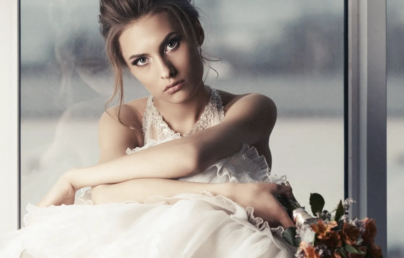 Photo wallpaper look, girl, bouquet, dress, hairstyle, brown hair, the bride, Vadim Mironov