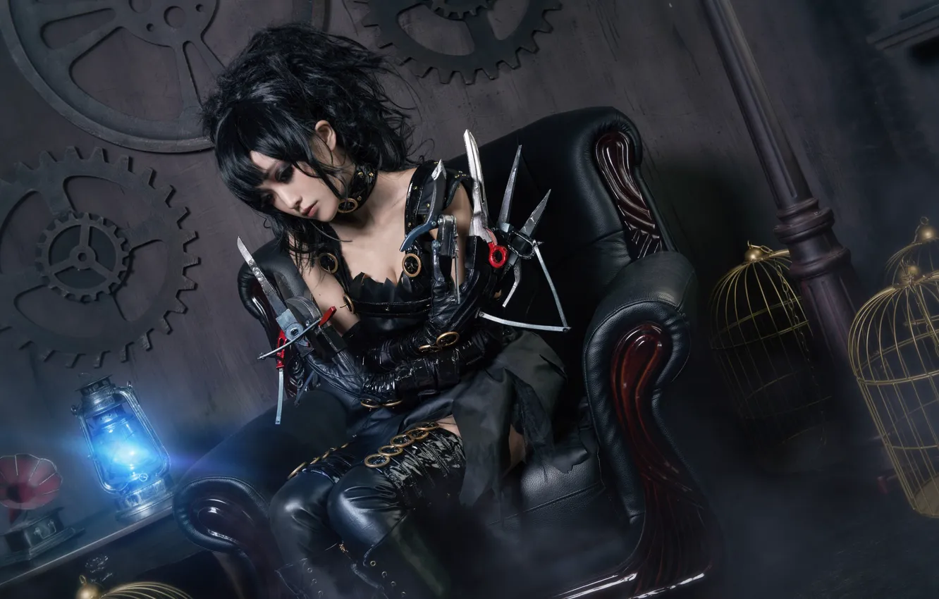 Photo wallpaper look, girl, light, blue, face, pose, style, the dark background