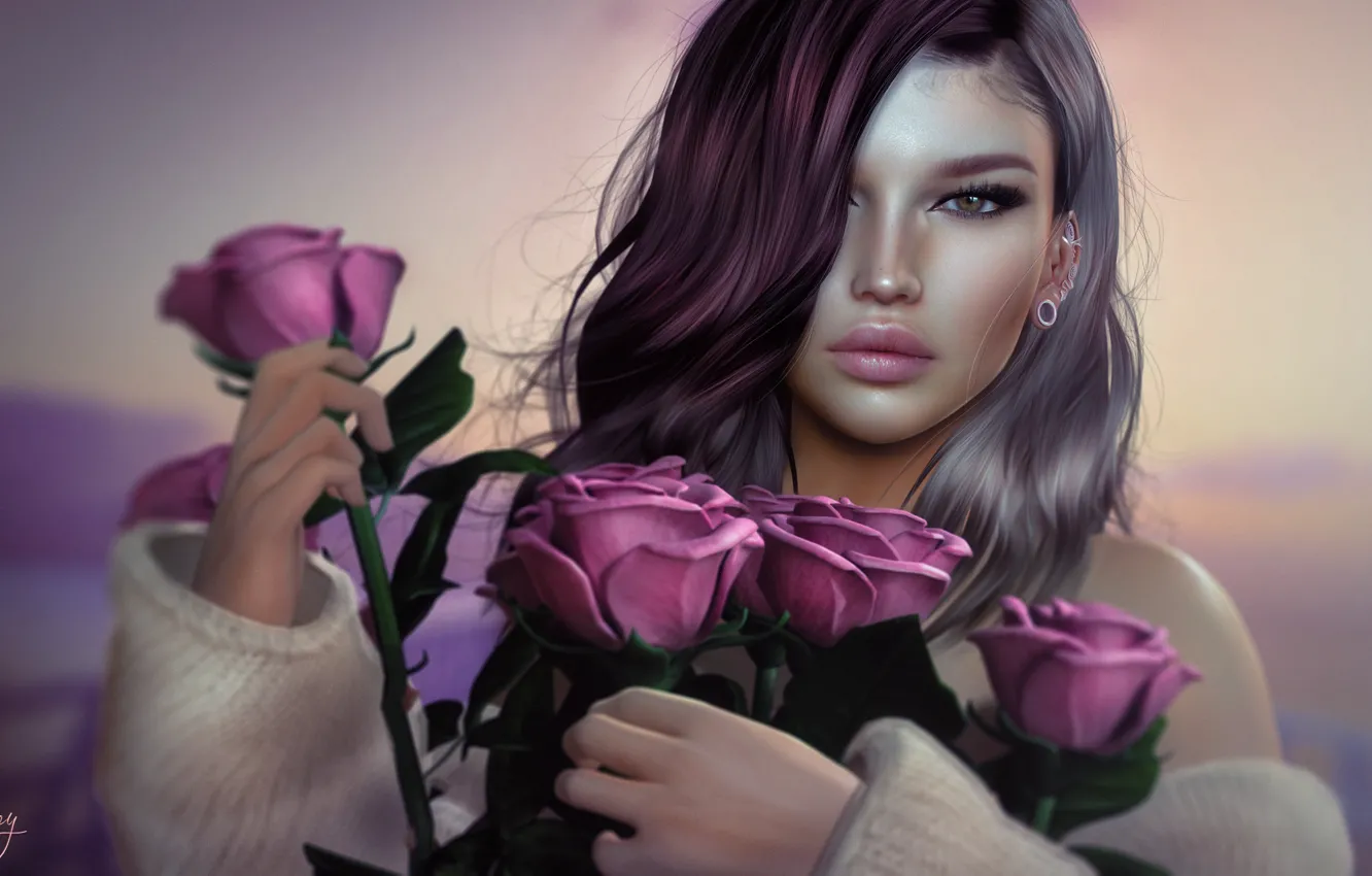 Photo wallpaper look, girl, face, roses, bouquet, beauty