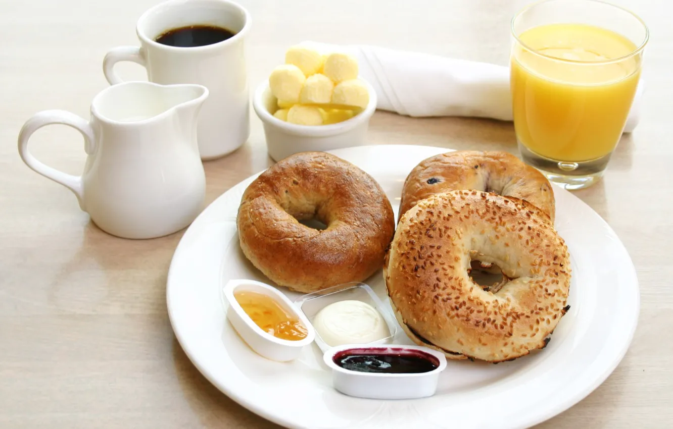 Photo wallpaper coffee, Breakfast, juice, jam, bagel