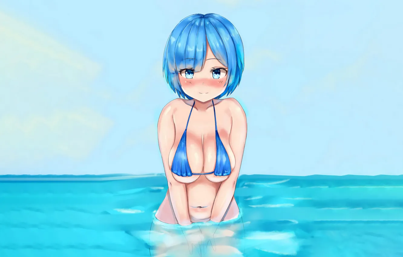 Photo wallpaper girl, sexy, cleavage, boobs, anime, water, blue eyes, beautiful