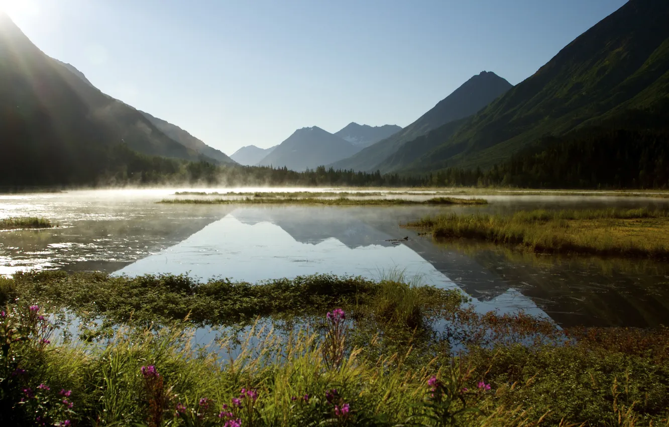 Photo wallpaper mountains, lake, dawn, morning, Alaska, haze
