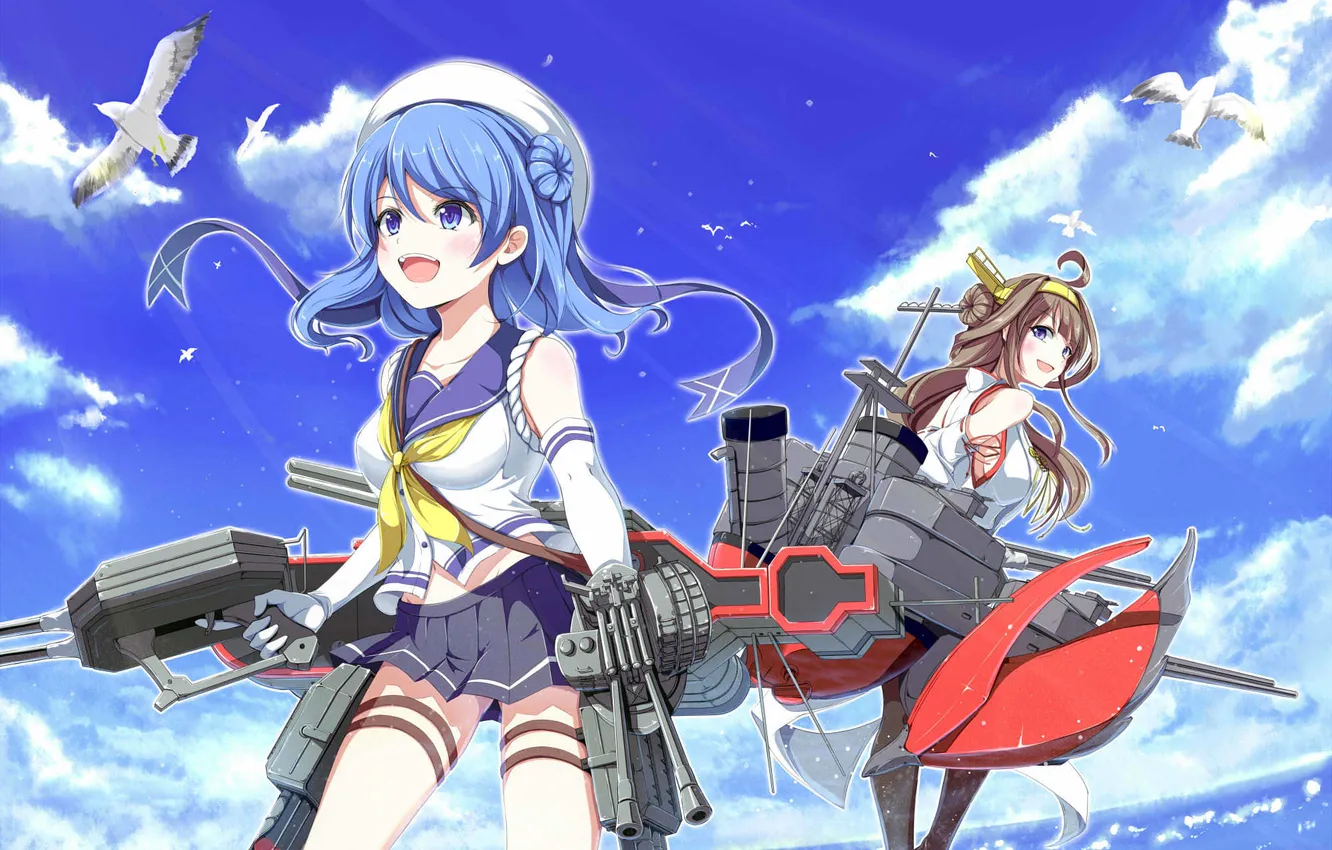Photo wallpaper sea, girl, joy, weapons, seagulls, art, kantai collection, kongou battleship