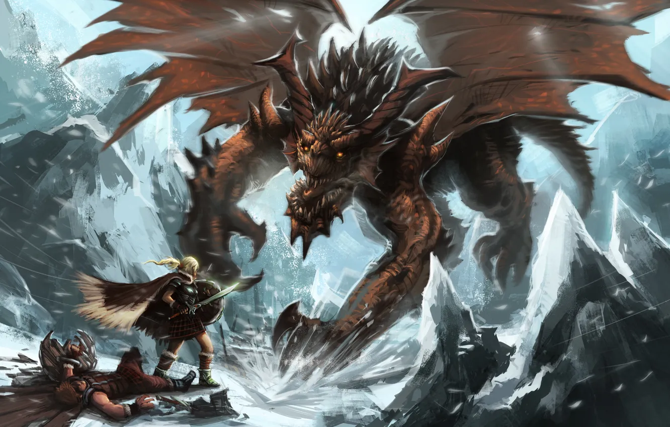 Photo wallpaper cold, winter, snow, weapons, fiction, dragon, art, mouth