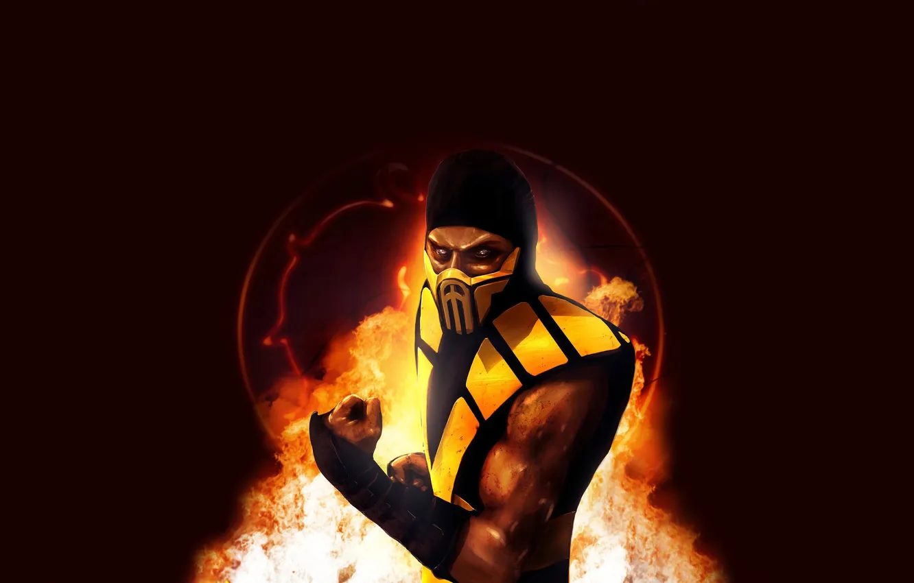 Photo wallpaper yellow, lights, fire, Scorpio, ninja, fist, Mortal Kombat, Scorpion