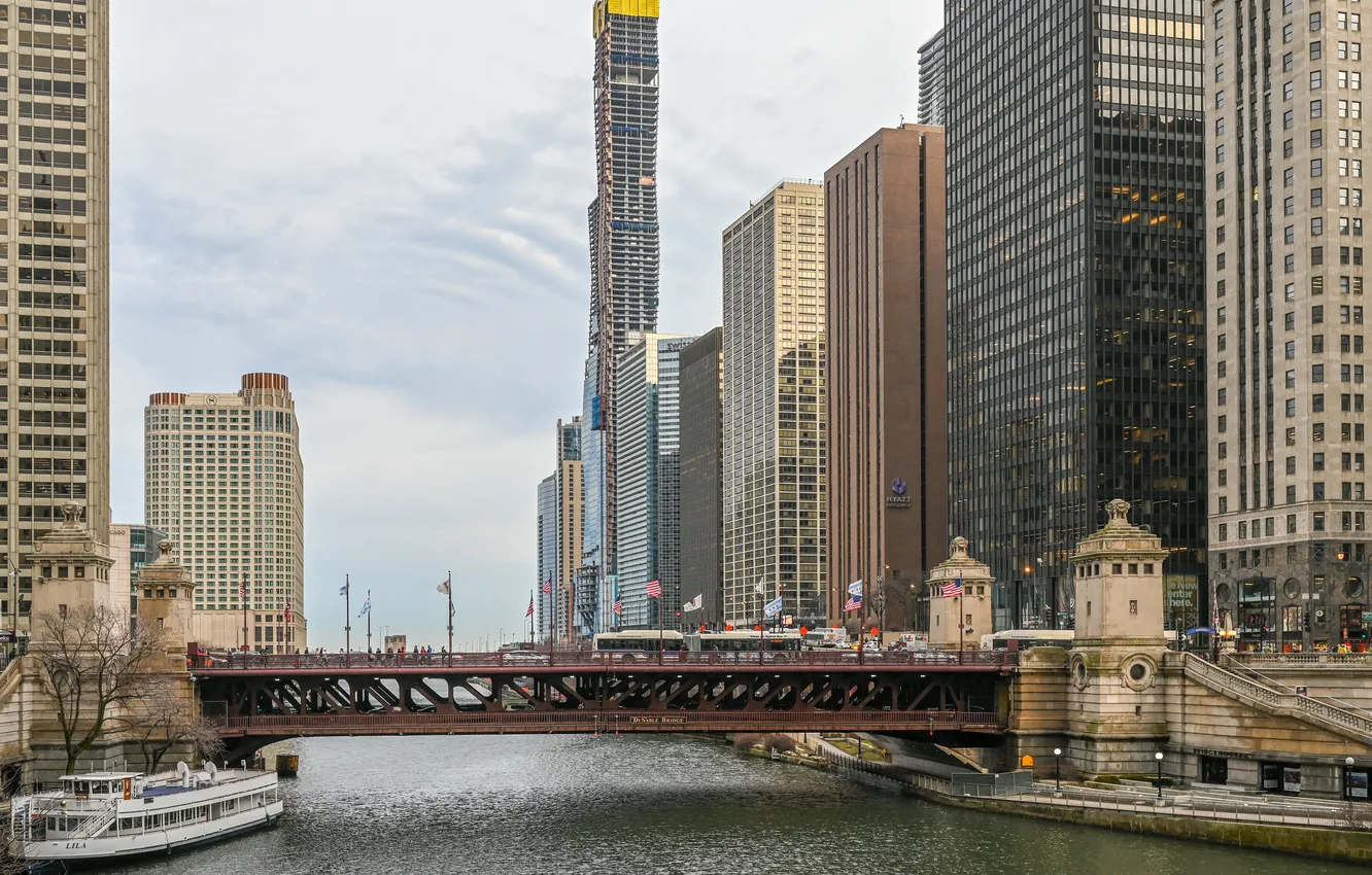 Photo wallpaper city, Chicago, building, cityscape, cloudy, business, Chicago River
