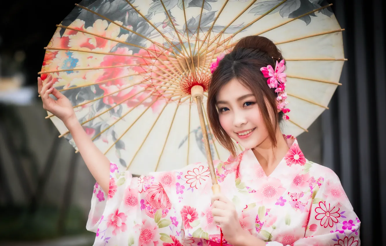 Photo wallpaper girl, umbrella, Asian