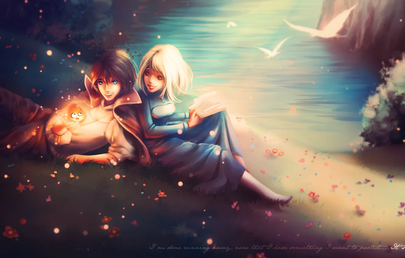 Photo wallpaper girl, river, fire, shore, the demon, book, guy, fan art