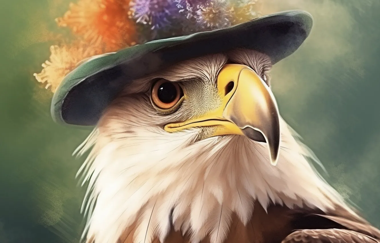 Photo wallpaper flowers, look, hat, portrait, AI art, image, bald eagle, bird