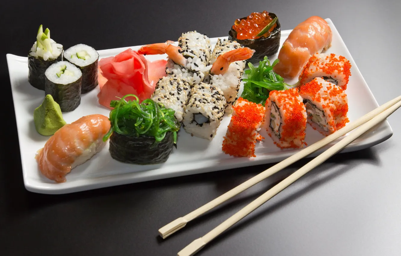 Photo wallpaper Japan, sushi, rolls, ginger, chopsticks