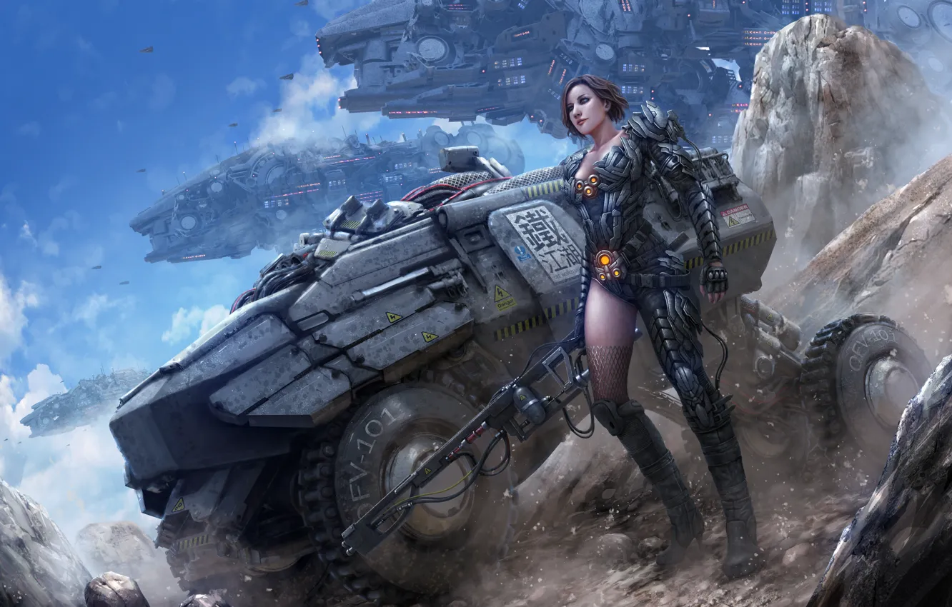 Photo wallpaper girl, fiction, rocks, gun, cyborg, spaceship, Rover