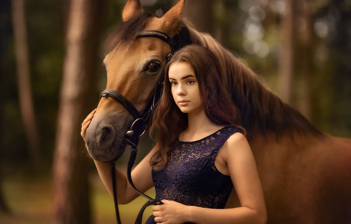 Photo wallpaper forest, look, face, girl, nature, face, pose, horse