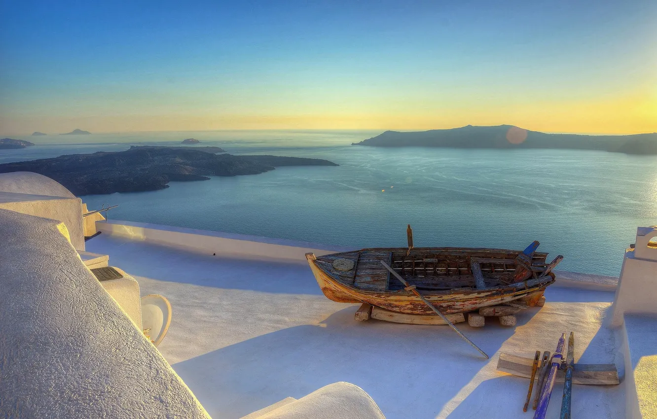 Photo wallpaper sea, boat, Greece, resort