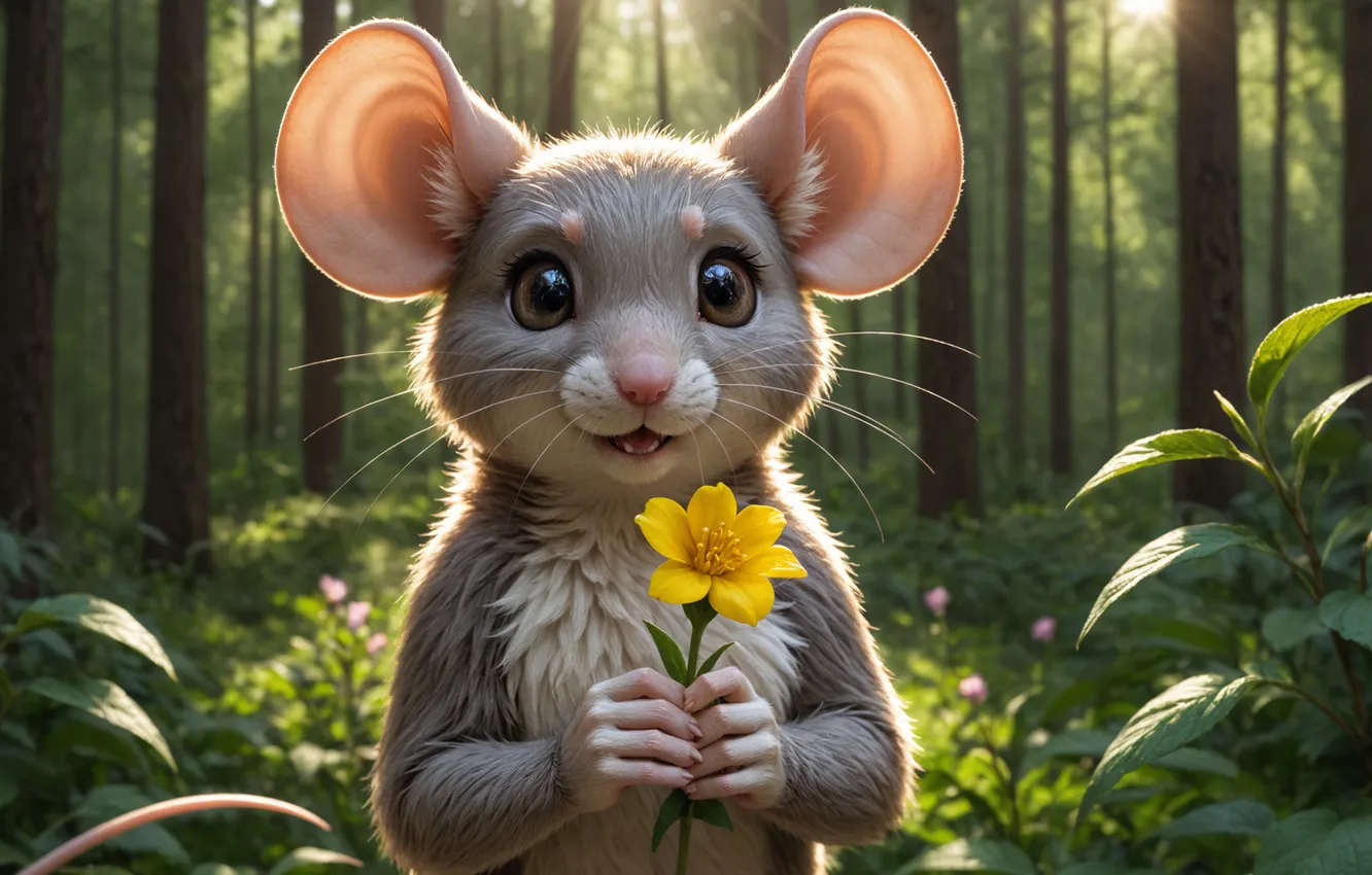 Photo wallpaper forest, flowers, mouse