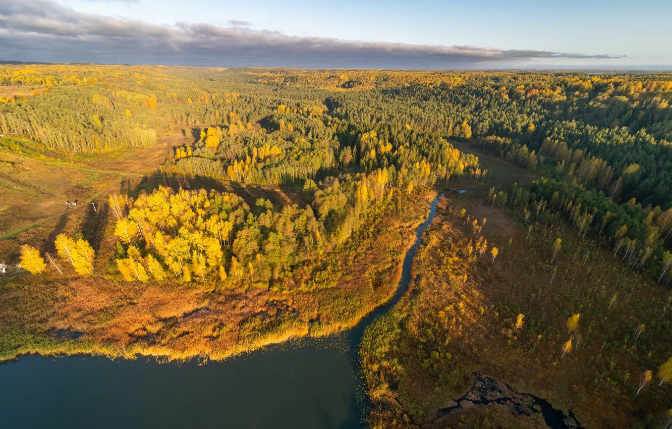 Photo wallpaper autumn, forest, the sky, clouds, light, trees, lake, river