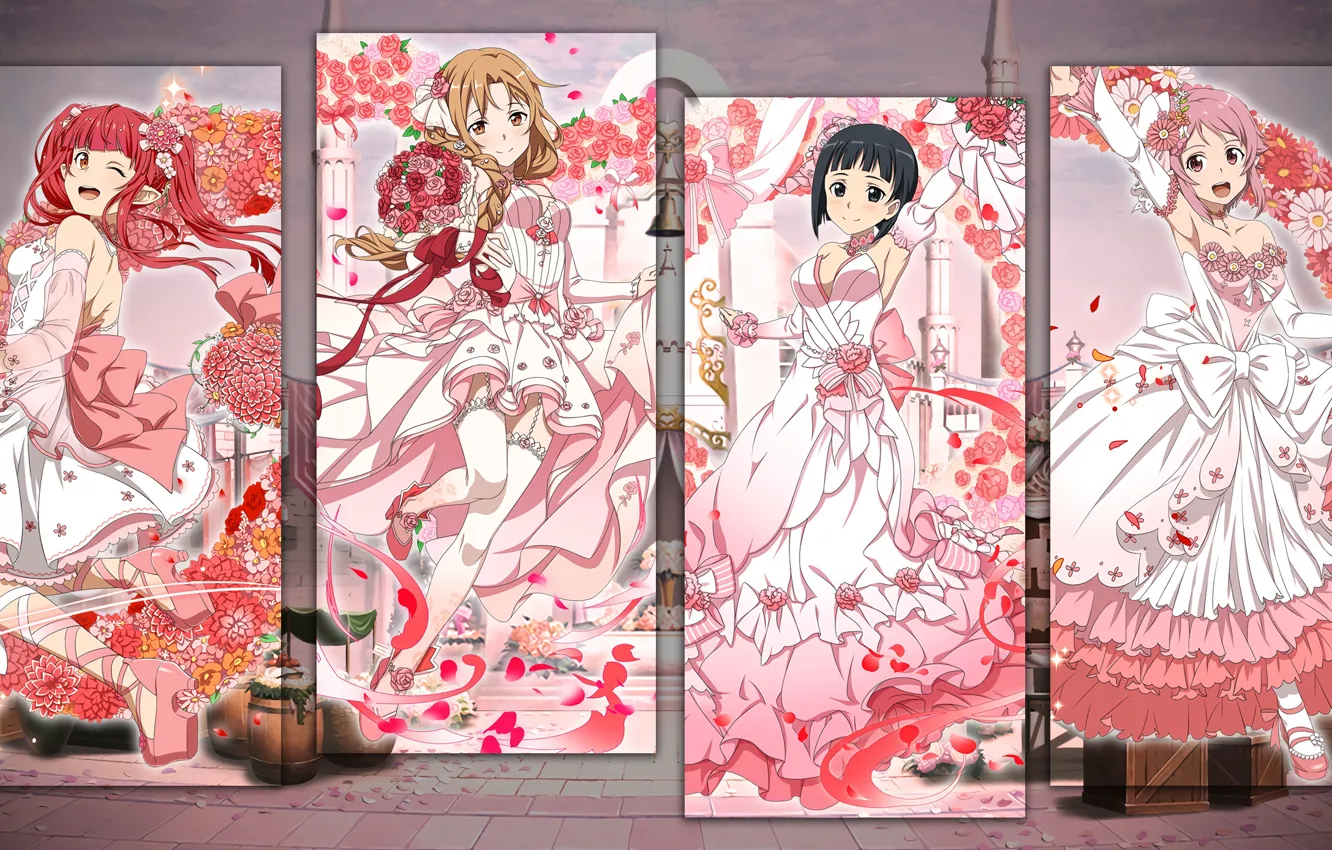 Photo wallpaper girls, collage, characters, bouquets, Sword Art Online, wedding dresses