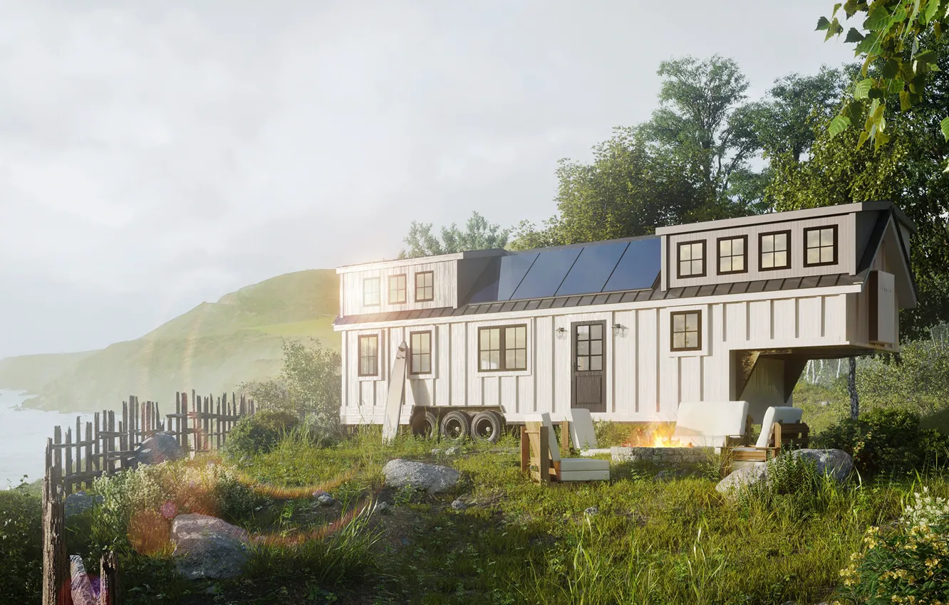 Photo wallpaper mountains, fence, pond, the trailer, Tiny home