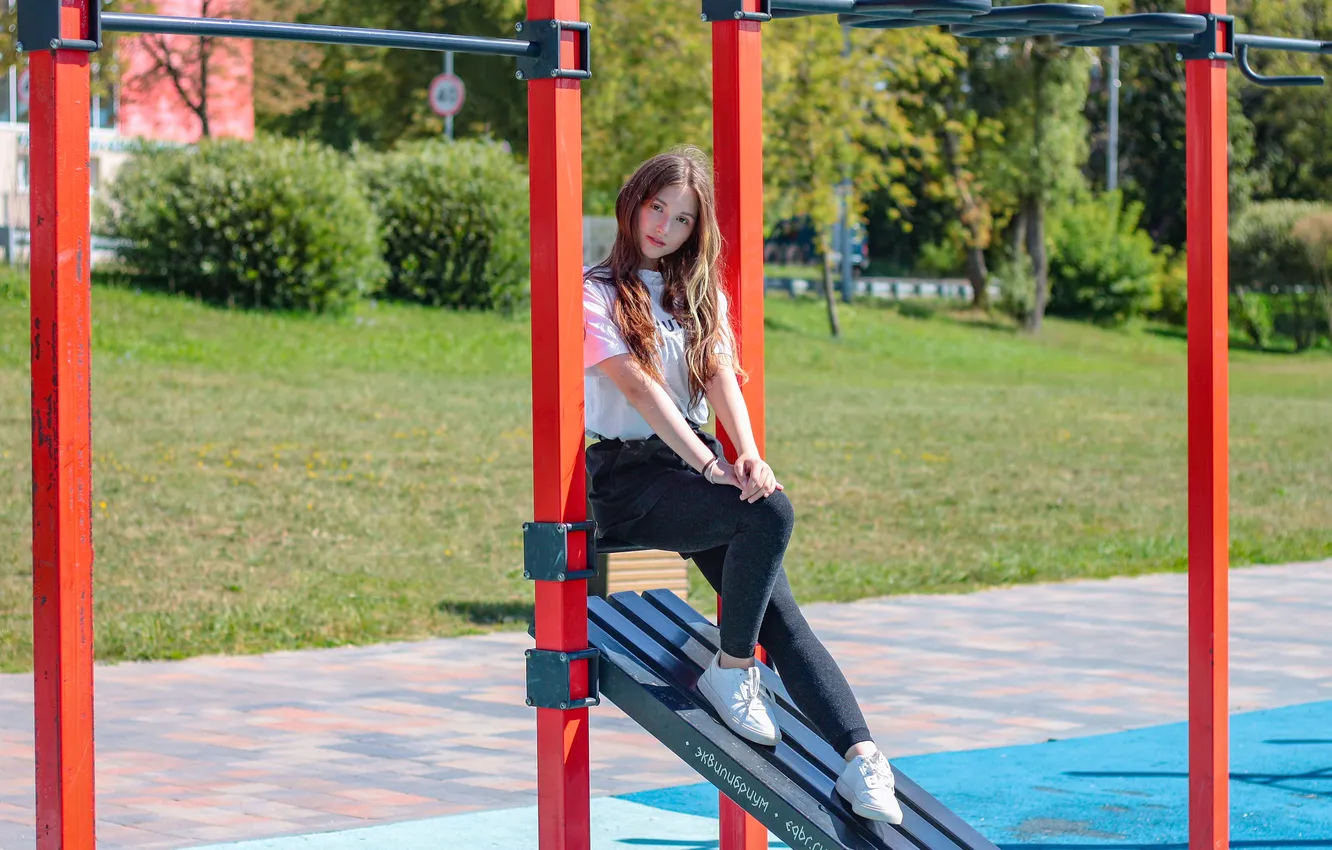 Photo wallpaper shorts, long hair, woman, beautiful, model, pretty, sneakers