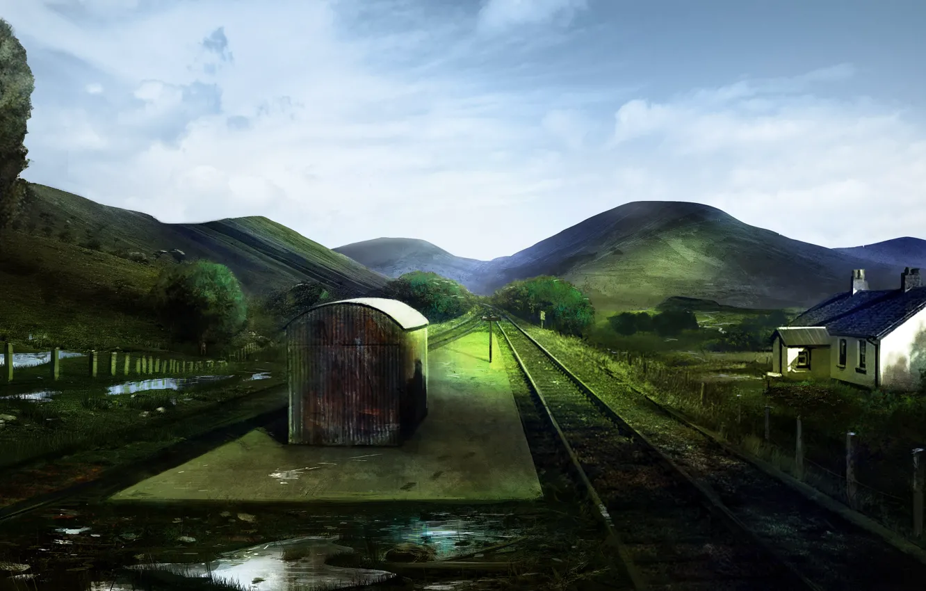 Photo wallpaper landscape, hills, the fence, rails, station, art, railroad, puddles