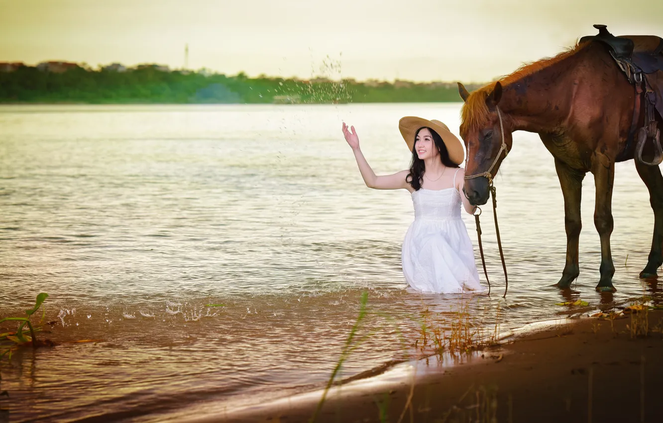 Photo wallpaper squirt, smile, lake, horse, horse, dress, Asian