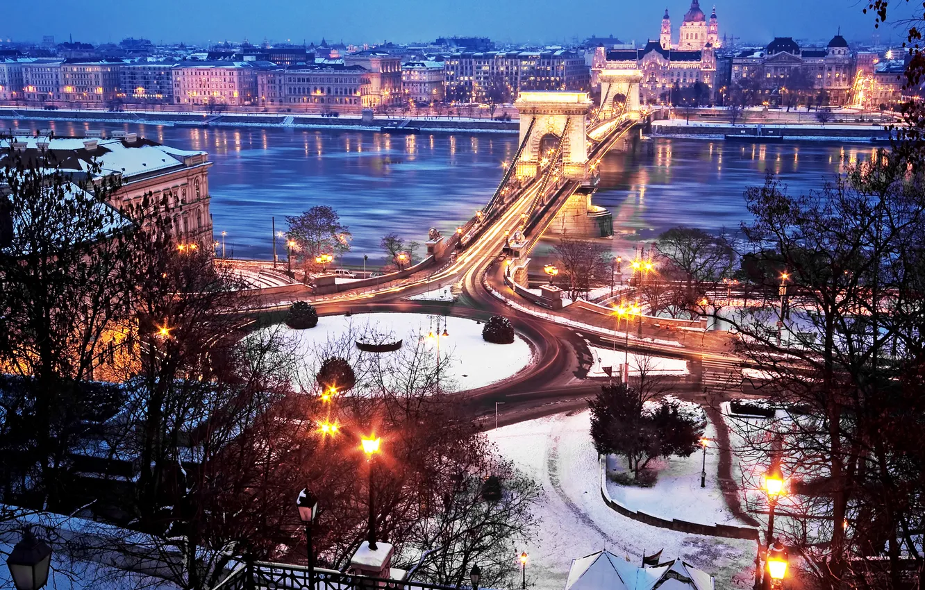 Photo wallpaper winter, bridge, the city, river, building, Budapest