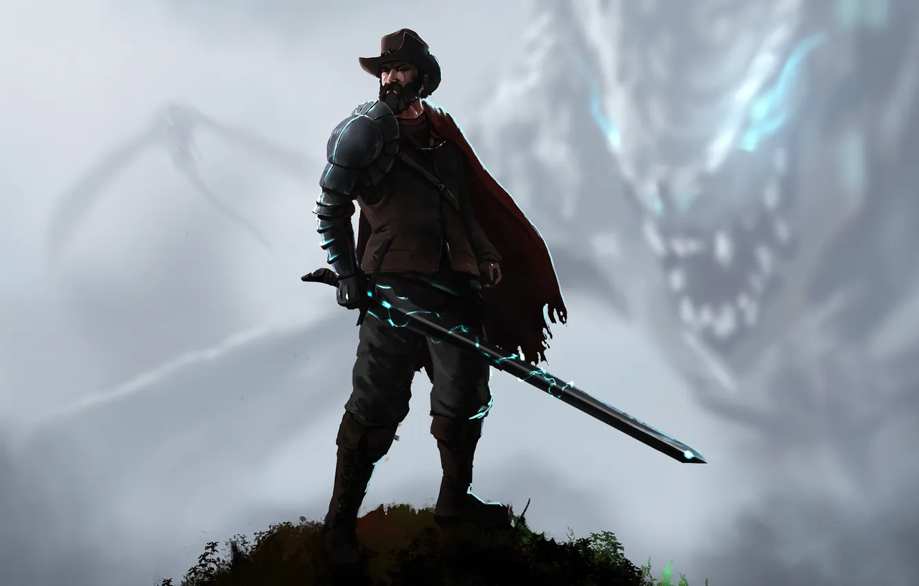 Photo wallpaper fiction, dragon, sword, hat, art, cowboy, cloak