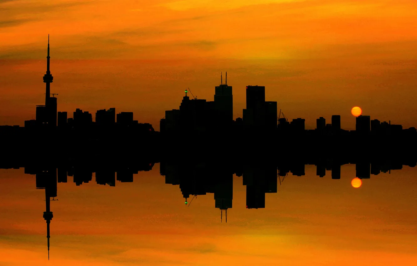 Photo wallpaper the sky, the sun, clouds, sunset, the city, reflection, tower, home