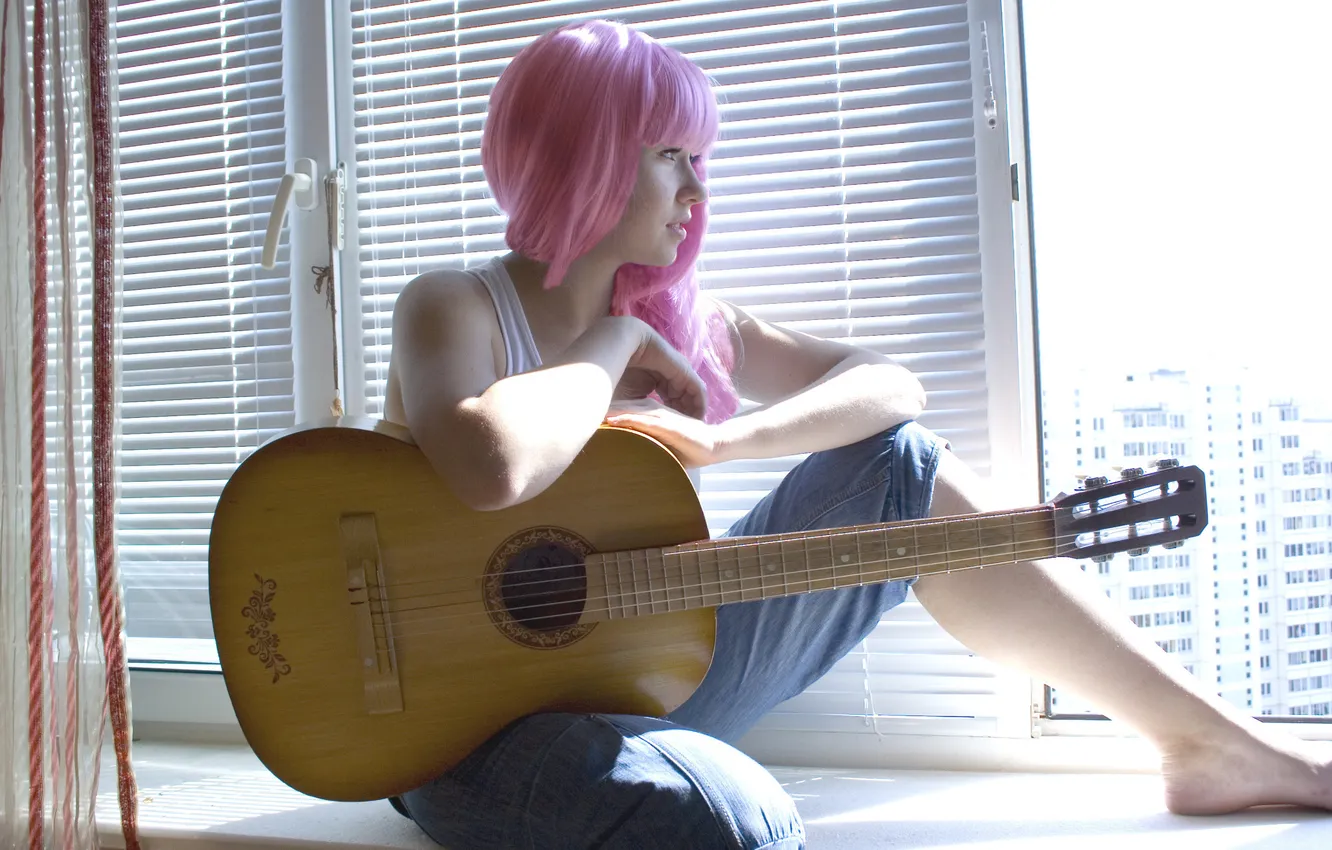 Photo wallpaper girl, guitar, window