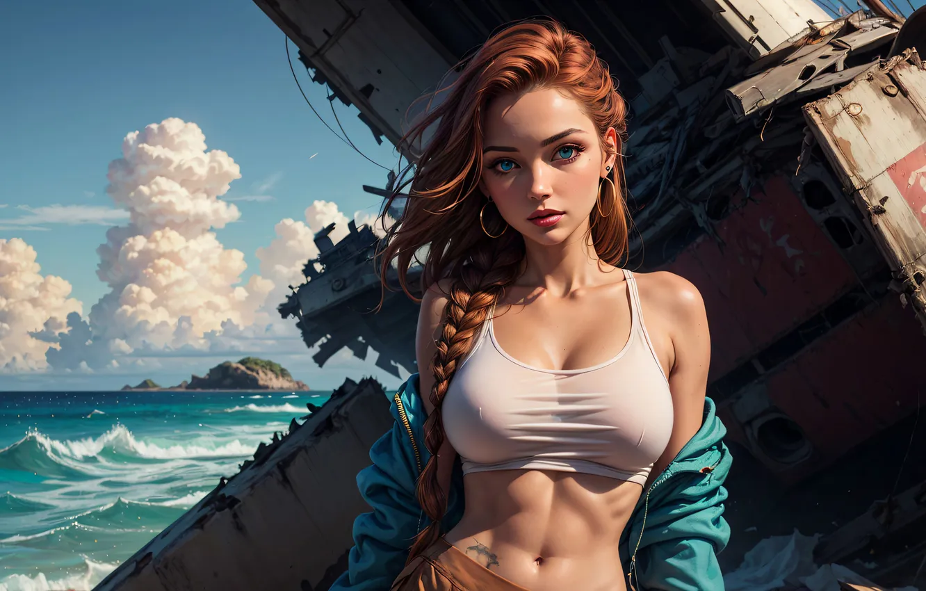 Photo wallpaper sea, look, the wreckage, girl