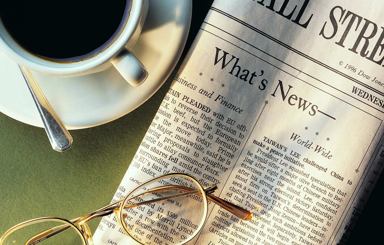 Photo wallpaper coffee, glasses, spoon, Cup, newspaper, news, 1920x1080, Cup holder