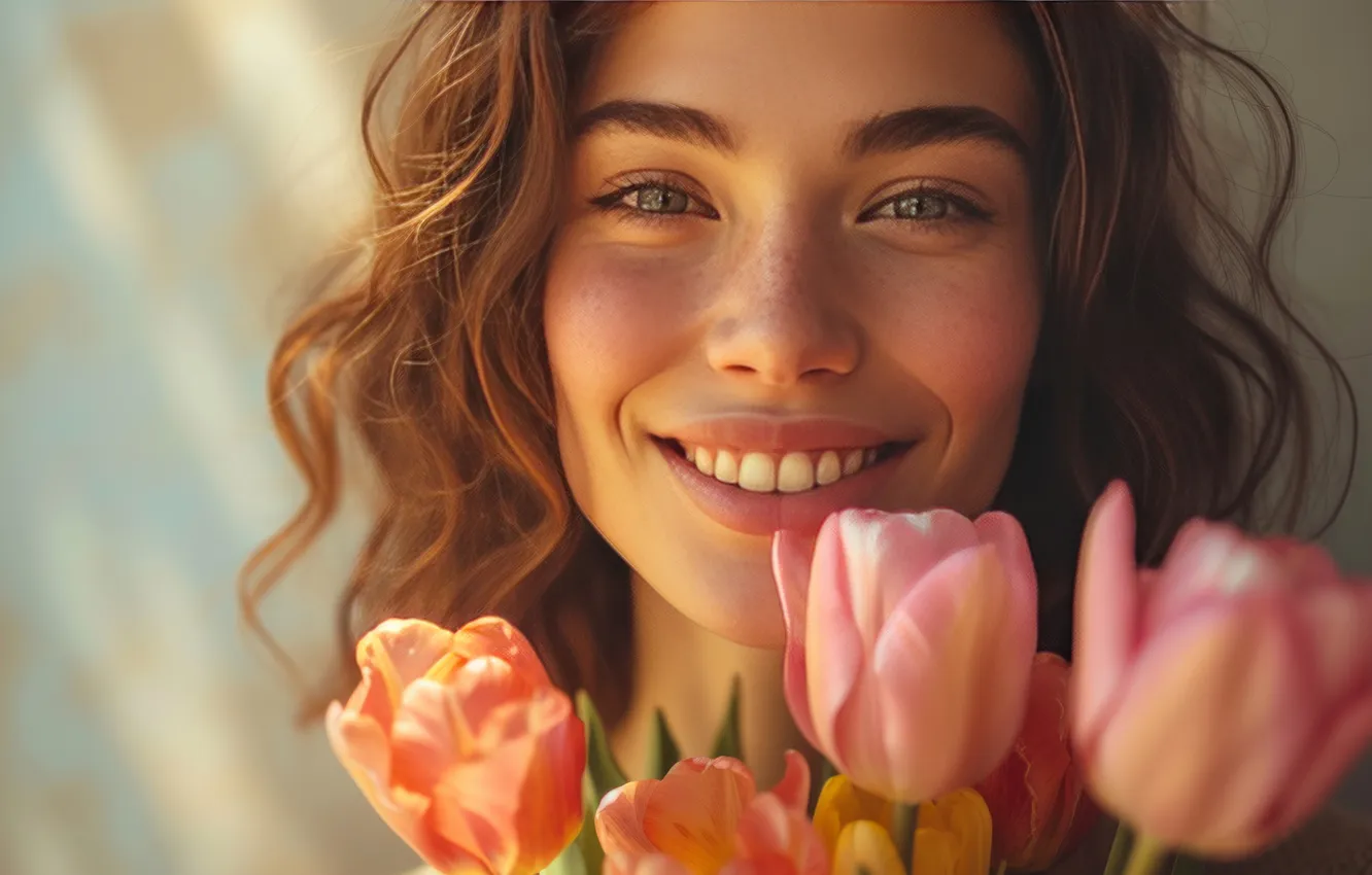Photo wallpaper girl, flowers, face, smile, holiday, portrait, bouquet, spring