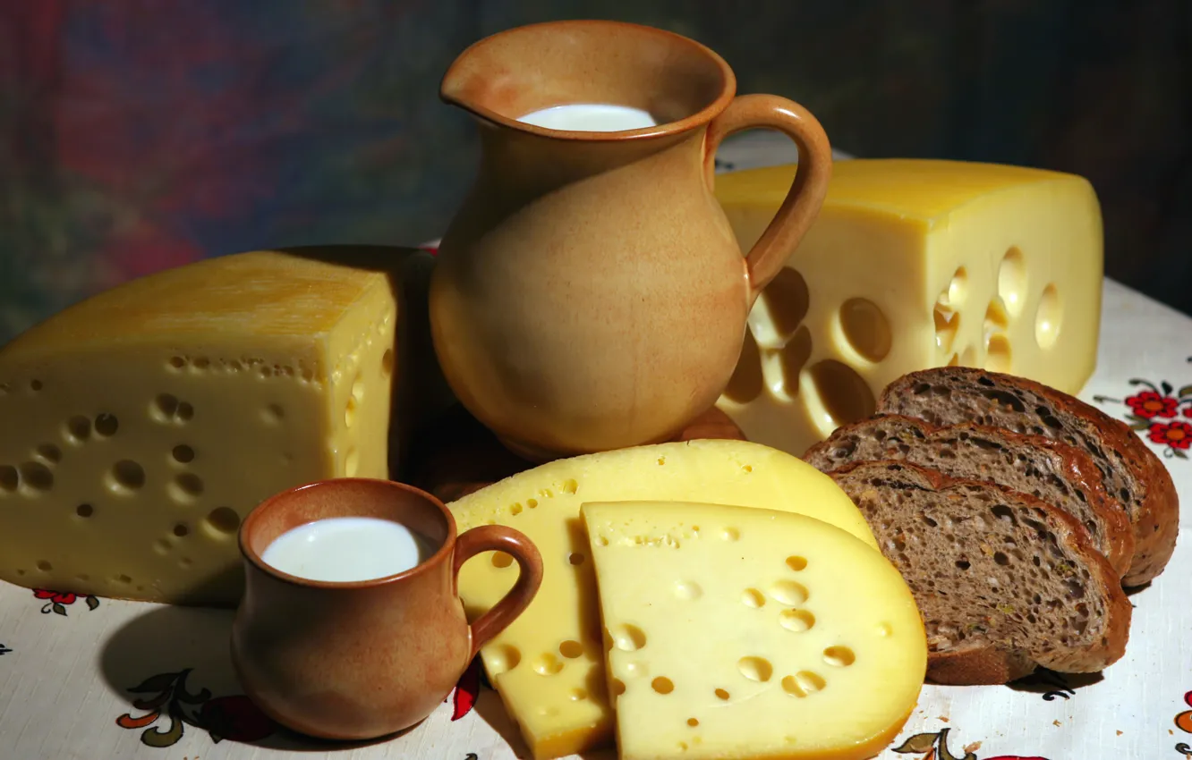 Photo wallpaper cheese, milk, bread, mug, pitcher, appetizing, chunks