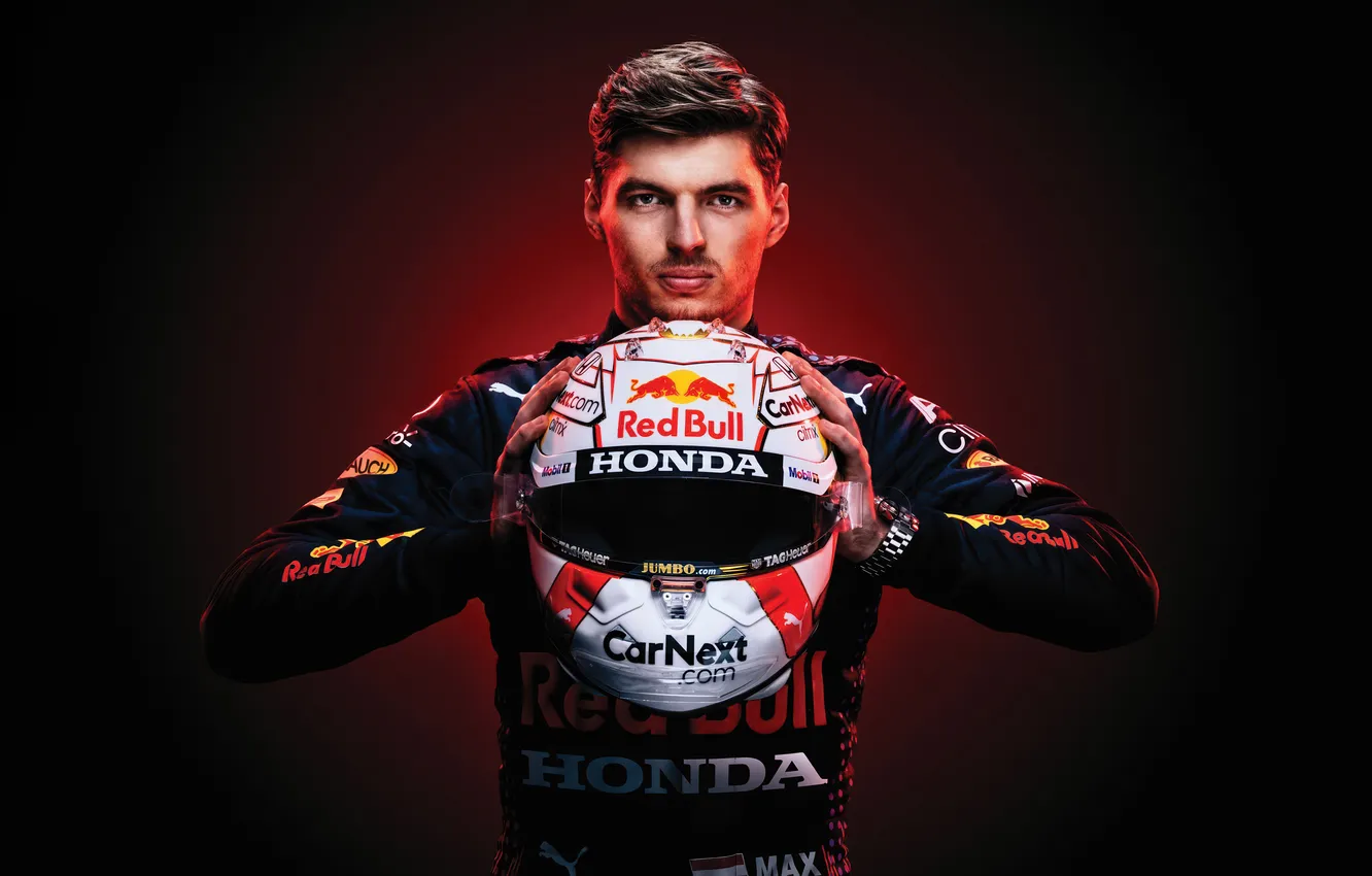 Photo wallpaper Honda, sports, pearls, dark background, Red Bull Racing, Max Verstappen, Racing driver