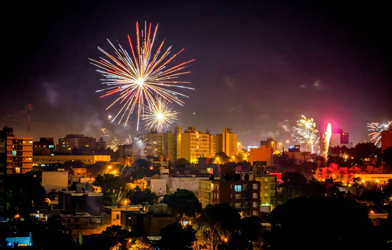 Photo wallpaper night, salute, night, fireworks, Uruguay, Uruguay, Montevideo, Montevideo