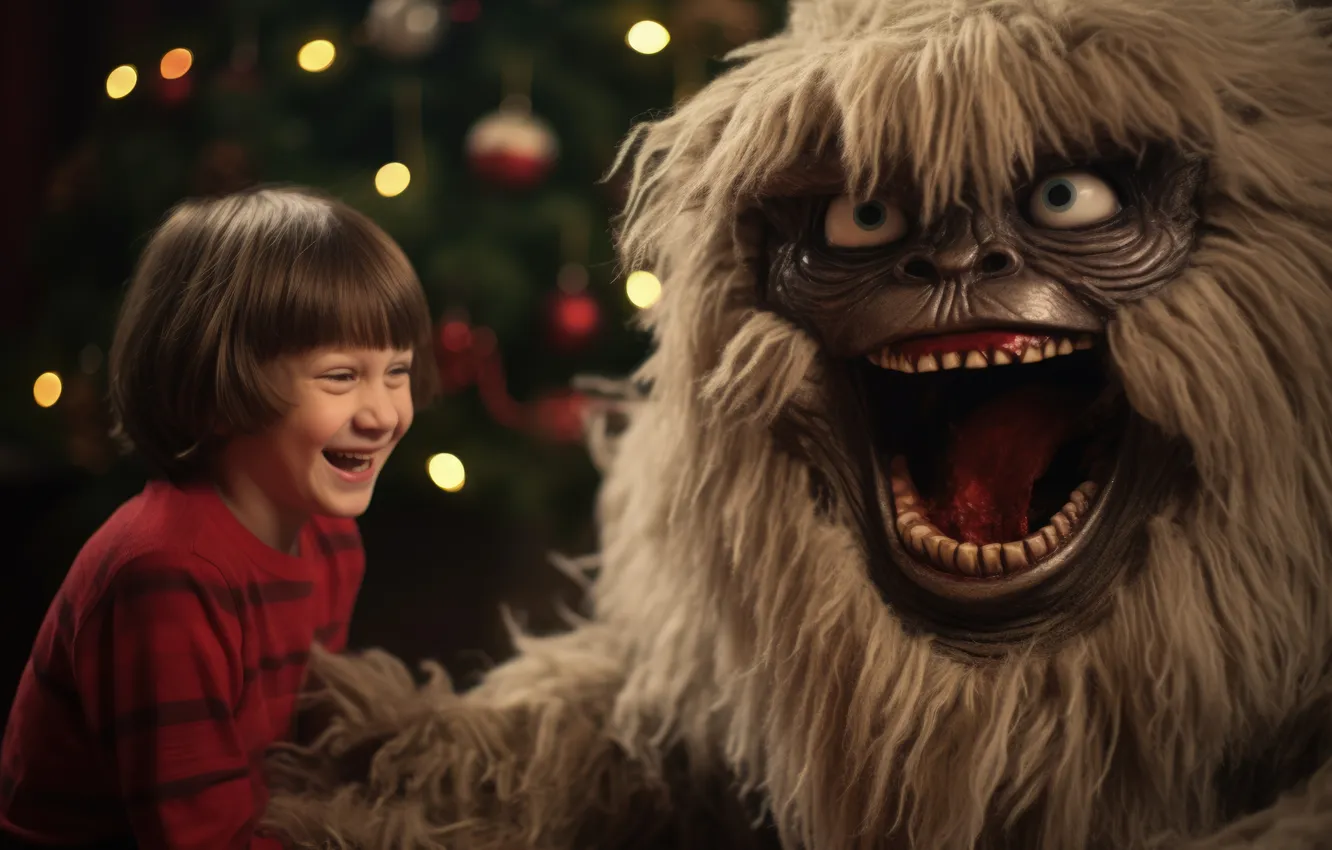 Photo wallpaper joy, smile, new year, monster, Christmas, girl, digital art, Supernatural Beings