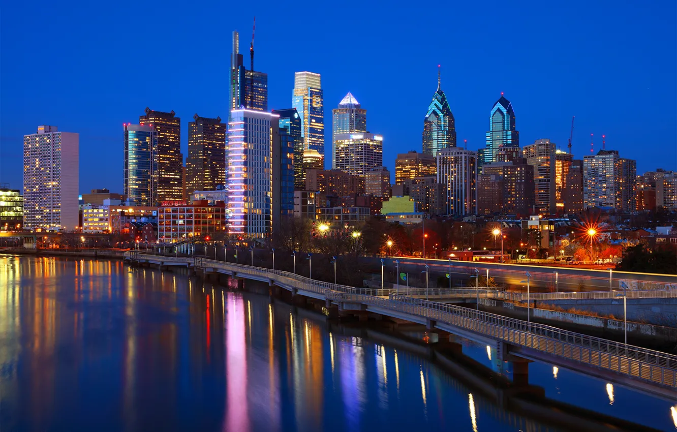Photo wallpaper night, lights, river, USA, Philadelphia, Philadelphia