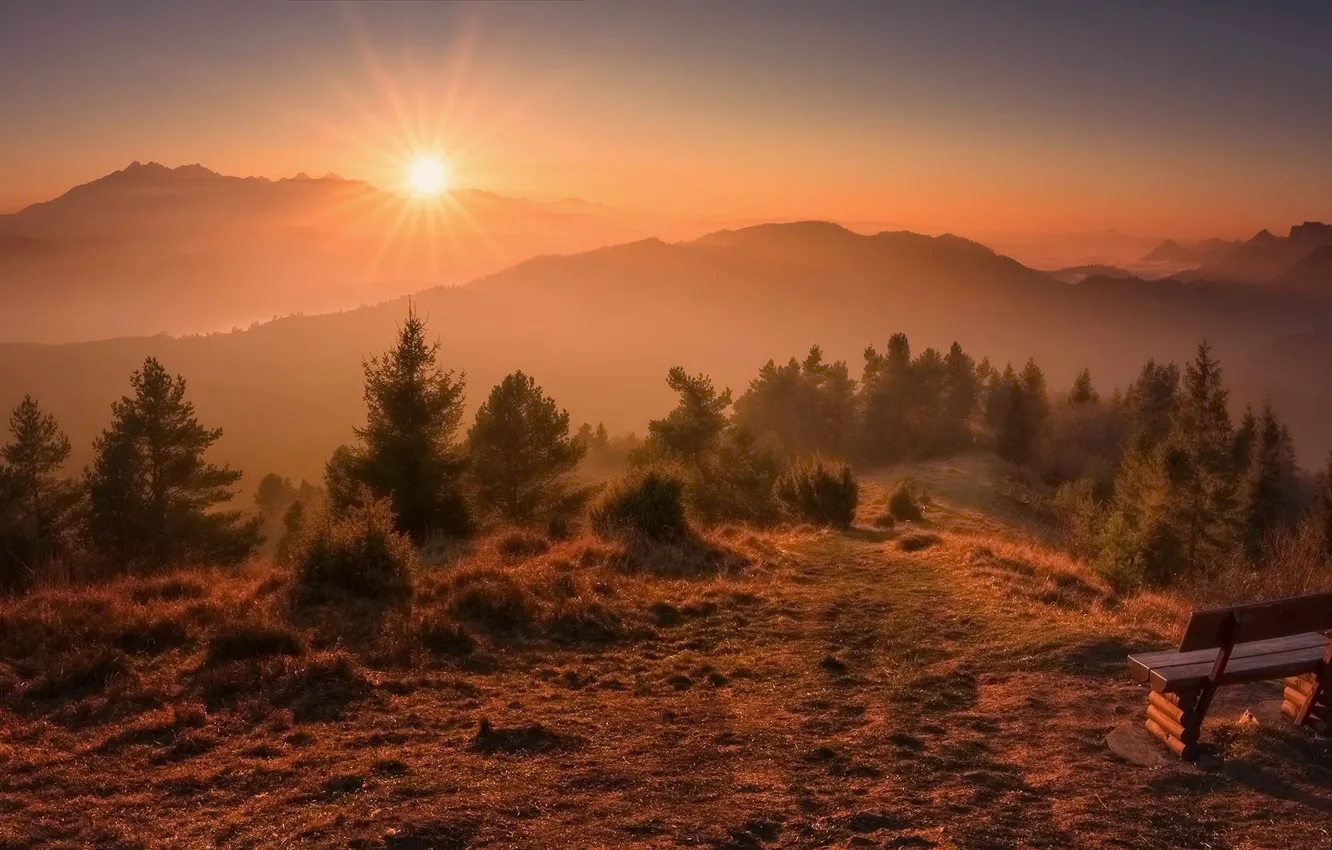 Photo wallpaper autumn, the sun, rays, trees, landscape, sunset, mountains, nature