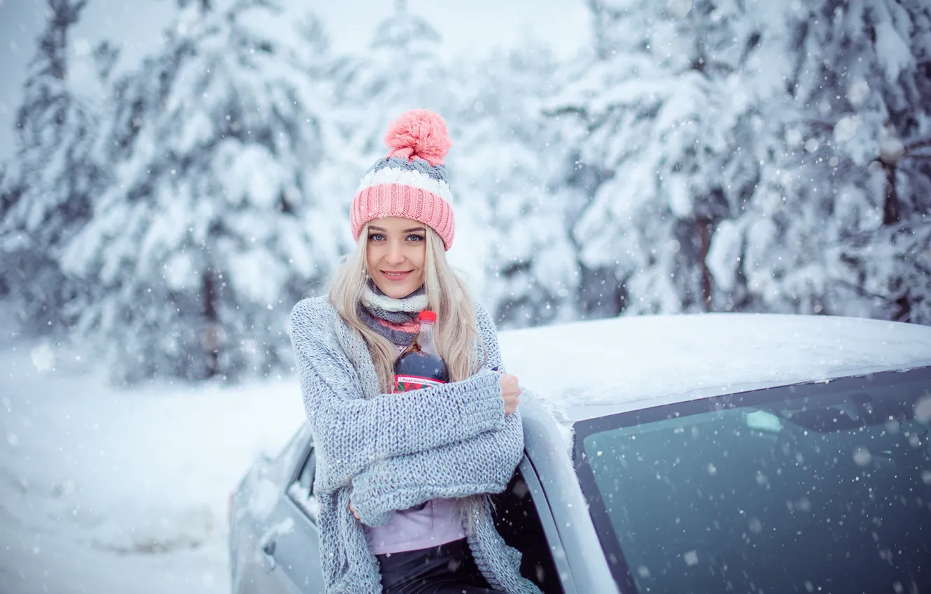 Photo wallpaper car, girl, long hair, photo, photographer, blue eyes, winter, snow