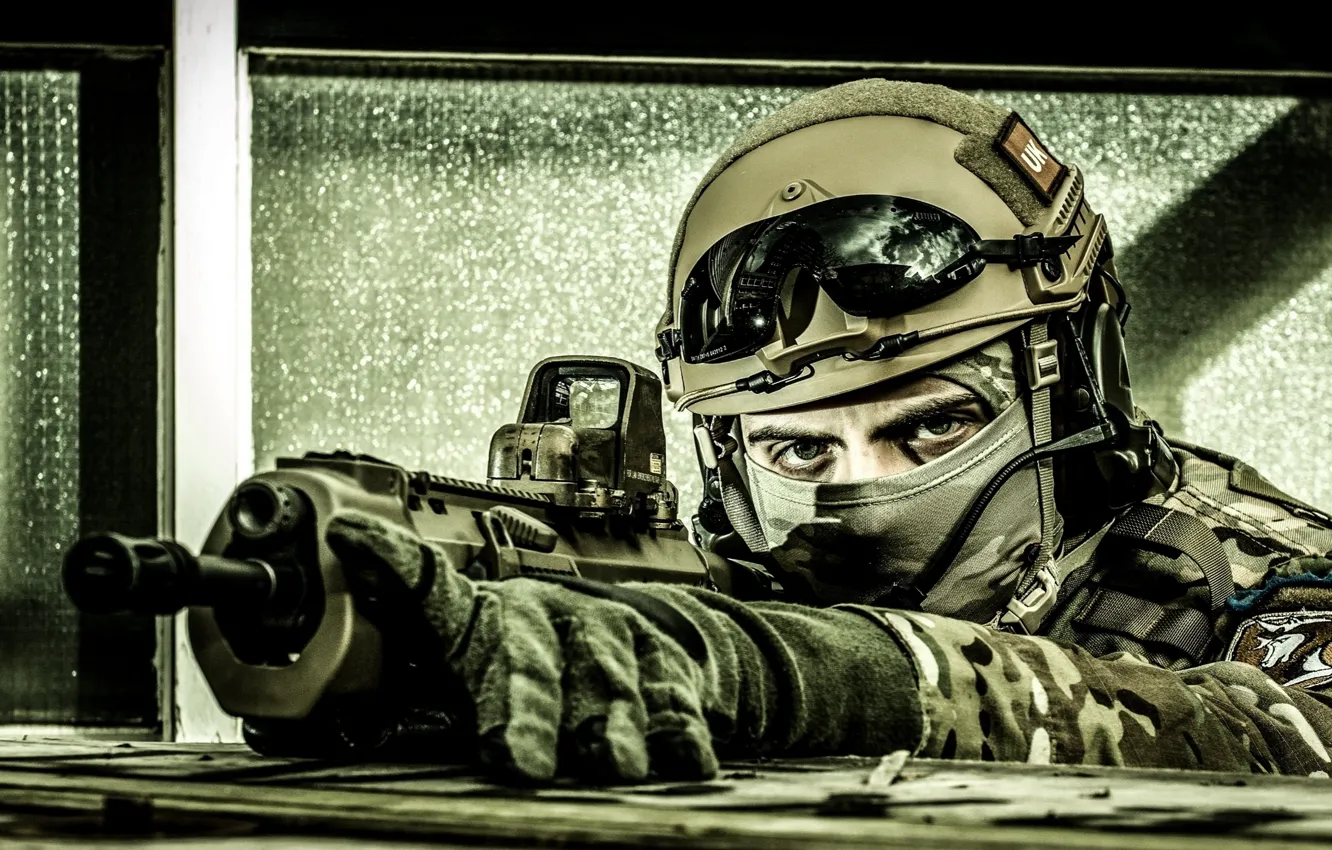 Photo wallpaper gun, soldier, eyes, assault rifle, uniform, equipment
